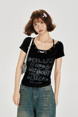 American Retro V-Neck Short Sleeve T-Shirt for Women - Summer Slim Fit Top, Millennial Style, Y2K Fashion