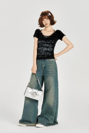 American Retro V-Neck Short Sleeve T-Shirt for Women - Summer Slim Fit Top, Millennial Style, Y2K Fashion