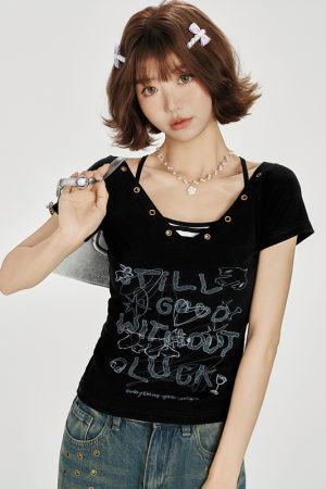 American Retro V-Neck Short Sleeve T-Shirt for Women - Summer Slim Fit Top, Millennial Style, Y2K Fashion