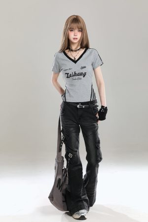 American Retro V-Neck Short Sleeve T-Shirt for Women - Summer Slim Fit Top, Unique Design, Trendy Spicy Girl Style