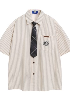 American Retro Vertical Striped Short-Sleeve Shirt for Women with Embroidered Letters - Artistic College Style Top