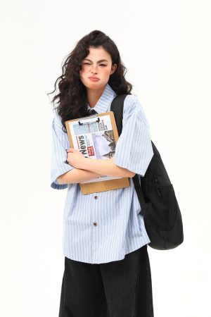 American Retro Vertical Striped Short-Sleeve Shirt for Women with Embroidered Letters - Artistic College Style Top