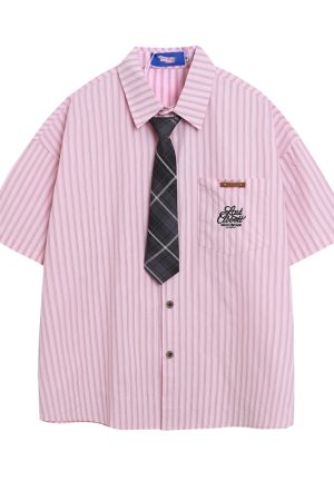 American Retro Vertical Striped Short-Sleeve Shirt for Women with Embroidered Letters - Artistic College Style Top