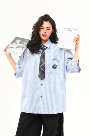 American Retro Vertical Striped Short-Sleeve Shirt for Women with Embroidered Letters - Artistic College Style Top