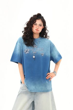 American Retro Washed Gradient Heavyweight Short-Sleeve T-Shirt for Women - Summer Versatile Loose Fit Top, Y2K Style