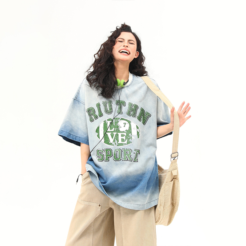 American Retro Washed Gradient Letter Denim Short-Sleeve T-Shirt for Women - College Style Loose Versatile Top American Retro Washed Gradient Letter Denim Short-Sleeve T-Shirt for Women - College Style Loose Versatile Top