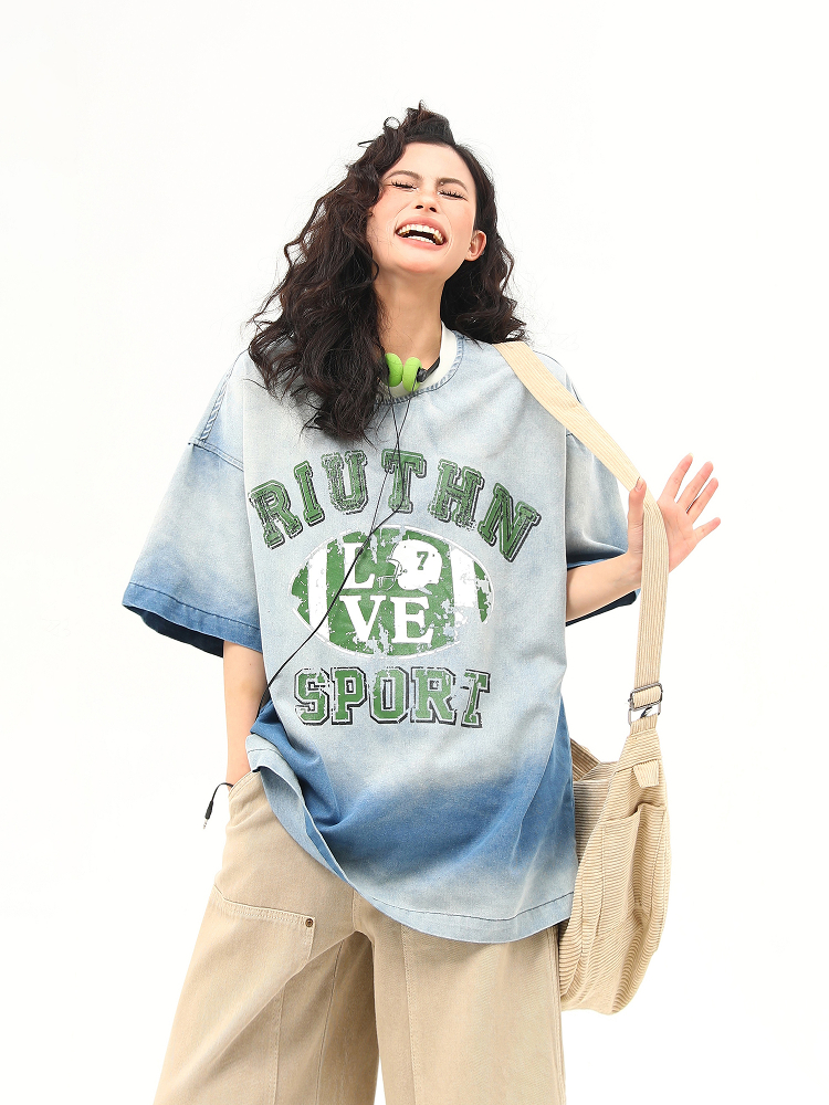 American Retro Washed Gradient Letter Denim Short-Sleeve T-Shirt for Women - College Style Loose Versatile Top American Retro Washed Gradient Letter Denim Short-Sleeve T-Shirt for Women - College Style Loose Versatile Top