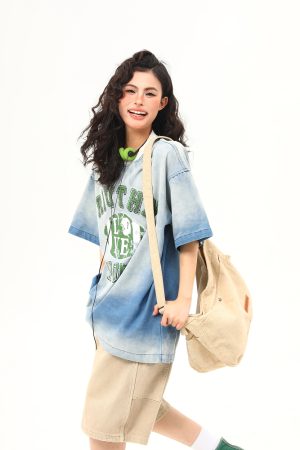 American Retro Washed Gradient Letter Denim Short-Sleeve T-Shirt for Women - College Style Loose Versatile Top