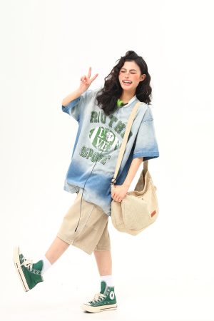 American Retro Washed Gradient Letter Denim Short-Sleeve T-Shirt for Women - College Style Loose Versatile Top