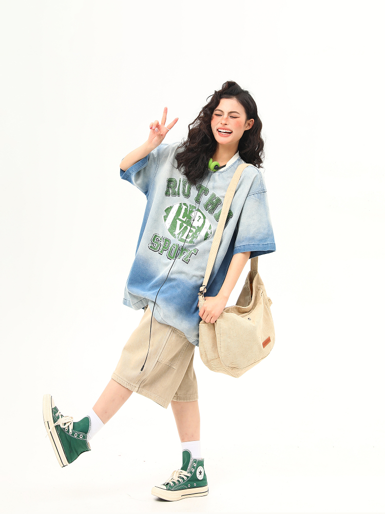 American Retro Washed Gradient Letter Denim Short-Sleeve T-Shirt for Women - College Style Loose Versatile Top American Retro Washed Gradient Letter Denim Short-Sleeve T-Shirt for Women - College Style Loose Versatile Top