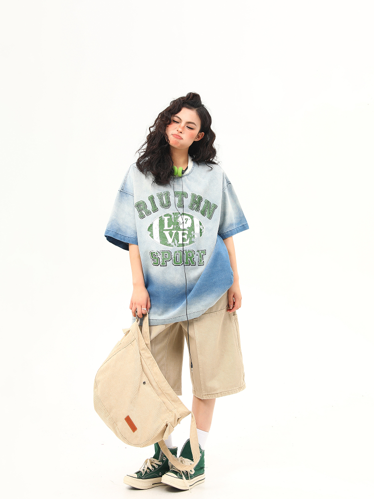 American Retro Washed Gradient Letter Denim Short-Sleeve T-Shirt for Women - College Style Loose Versatile Top American Retro Washed Gradient Letter Denim Short-Sleeve T-Shirt for Women - College Style Loose Versatile Top