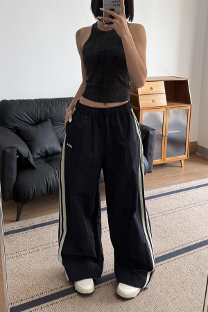American Retro Wide-Leg Casual Pants for Women - Summer 2025 Loose Fit Side Stripe Quick-Dry Sports Trousers