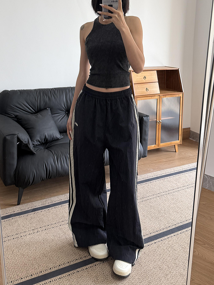 American Retro Wide-Leg Casual Pants for Women - Summer 2025 Loose Fit Side Stripe Quick-Dry Sports Trousers American Retro Wide-Leg Casual Pants for Women - Summer 2025 Loose Fit Side Stripe Quick-Dry Sports Trousers