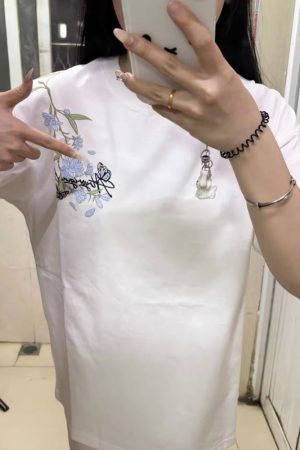 American Style Embroidery Orchid Butterfly Short Sleeve T-Shirt for Women - Summer 2025 High-End Fresh Top