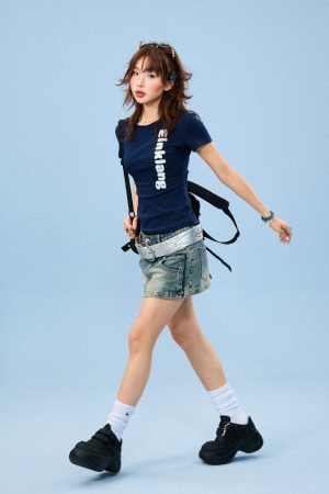 American-Style Flocked Embroidered Spicy Girl Short Sleeve Cropped T-Shirt for Women - Summer Slim Fit Casual Top