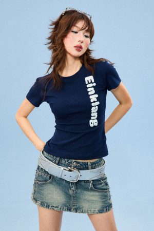 American-Style Flocked Embroidered Spicy Girl Short Sleeve Cropped T-Shirt for Women - Summer Slim Fit Casual Top