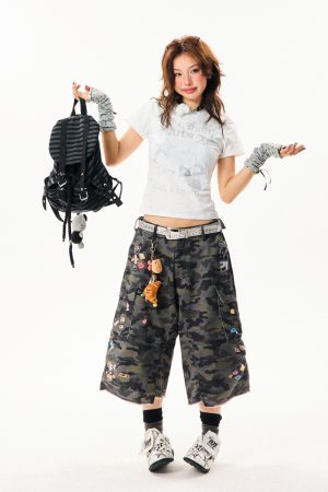 American Style Fun Pixel Print Short Sleeve T-Shirt for Women - Summer Slim Fit Cropped Top, Trendy Y2K Fashion