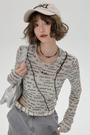 American-Style Long-Sleeve Cropped T-Shirt for Women - Sweet Cool Letter Print, Spicy Girl Fashion, 2024 Trendy Look