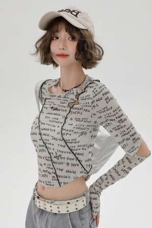 American-Style Long-Sleeve Cropped T-Shirt for Women - Sweet Cool Letter Print, Spicy Girl Fashion, 2024 Trendy Look