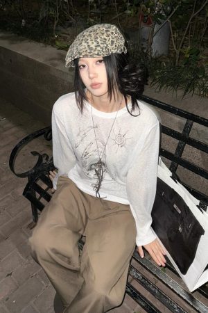 American Style Long Sleeve T-Shirt for Women, Summer Shell Print, Sheer Sun Protection Cover-Up, Loose Fit, Trendy Couple's Top