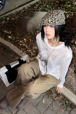 American Style Long Sleeve T-Shirt for Women, Summer Shell Print, Sheer Sun Protection Cover-Up, Loose Fit, Trendy Couple's Top