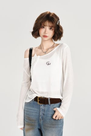 American-Style Oversized Round Neck Sheer Pullover Top for Women - Embroidered Spicy Girl Summer Fashion