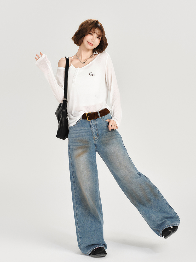 American-Style Oversized Round Neck Sheer Pullover Top for Women - Embroidered Spicy Girl Summer Fashion American-Style Oversized Round Neck Sheer Pullover Top for Women - Embroidered Spicy Girl Summer Fashion