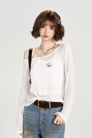 American-Style Oversized Round Neck Sheer Pullover Top for Women - Embroidered Spicy Girl Summer Fashion