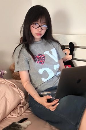 American Style Oversized Short Sleeve Women's Summer Heart Letter Print Loose Round Neck T-Shirt | High Street Fashion