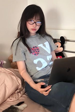 American Style Oversized Short Sleeve Women's Summer Heart Letter Print Loose Round Neck T-Shirt | High Street Fashion