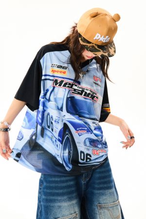 American-Style Racing Graphic V-Neck Short Sleeve T-Shirt for Women - Summer Mesh Breathable Loose Fit Jersey Top