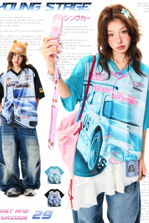 American-Style Racing Graphic V-Neck Short Sleeve T-Shirt for Women - Summer Mesh Breathable Loose Fit Jersey Top