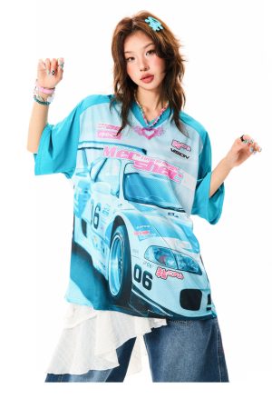 American-Style Racing Graphic V-Neck Short Sleeve T-Shirt for Women - Summer Mesh Breathable Loose Fit Jersey Top