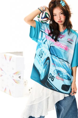 American-Style Racing Graphic V-Neck Short Sleeve T-Shirt for Women - Summer Mesh Breathable Loose Fit Jersey Top