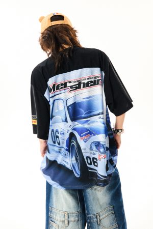 American-Style Racing Graphic V-Neck Short Sleeve T-Shirt for Women - Summer Mesh Breathable Loose Fit Jersey Top