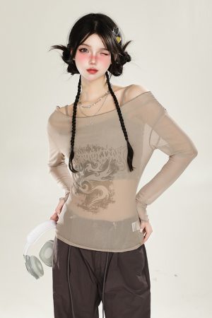 American-Style Red Off-Shoulder Mesh Cover-Up Two-Piece Set for Women - Sweet & Spicy Spring/Summer Sun Protection Long Sleeve Top