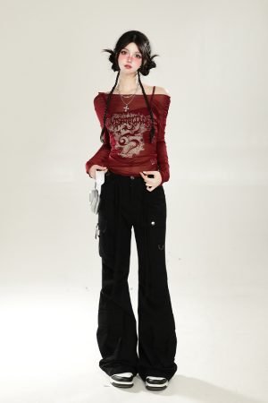 American-Style Red Off-Shoulder Mesh Cover-Up Two-Piece Set for Women - Sweet & Spicy Spring/Summer Sun Protection Long Sleeve Top