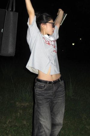 American Style Short Sleeve Rabbit Print Striped Shirt Jacket for Women - Summer Casual Couple Top, Trendy Niche Fashion