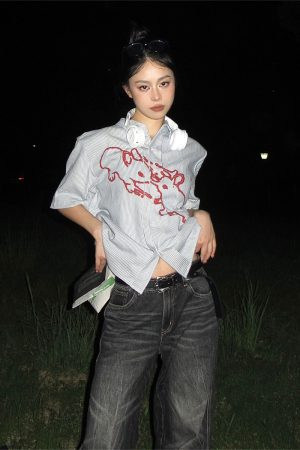 American Style Short Sleeve Rabbit Print Striped Shirt Jacket for Women - Summer Casual Couple Top, Trendy Niche Fashion