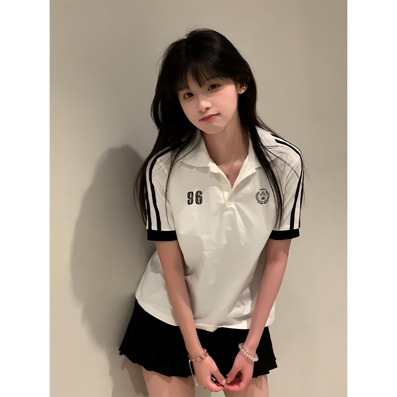 American-Style Shoulder Flip Collar Short Sleeve T-Shirt for Women - Casual College Style Polo Top for Spring & Summer American-Style Shoulder Flip Collar Short Sleeve T-Shirt for Women - Casual College Style Polo Top for Spring & Summer