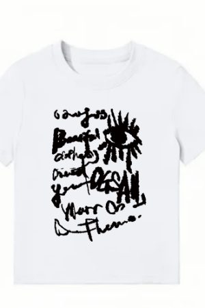 American Style Slim-Fit Short T-Shirt for Women - Summer Graffiti Print, Stretchy, Flattering Shoulder Top