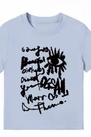 American Style Slim-Fit Short T-Shirt for Women - Summer Graffiti Print, Stretchy, Flattering Shoulder Top