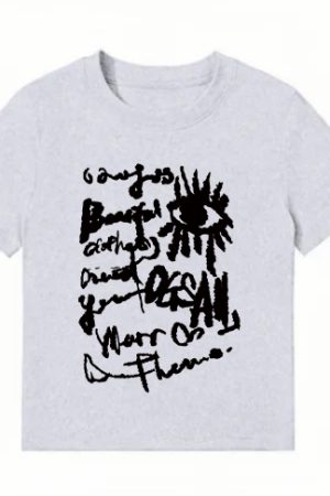 American Style Slim-Fit Short T-Shirt for Women - Summer Graffiti Print, Stretchy, Flattering Shoulder Top