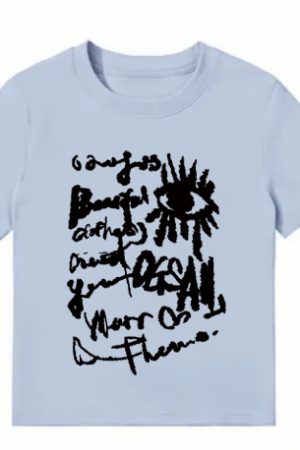 American Style Slim-Fit Short T-Shirt for Women - Summer Graffiti Print, Stretchy, Flattering Shoulder Top