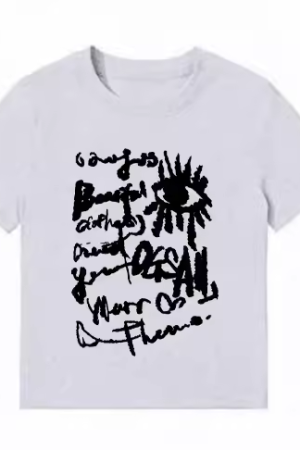 American Style Slim-Fit Short T-Shirt for Women - Summer Graffiti Print, Stretchy, Flattering Shoulder Top