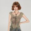 American Style Spicy Girl Heavy Lace Splicing Short Sleeve T-Shirt for Women - Summer Slim Fit Top in Trendy Y2K Fashion