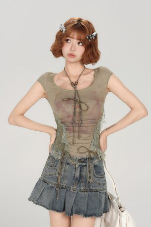 American Style Spicy Girl Heavy Lace Splicing Short Sleeve T-Shirt for Women - Summer Slim Fit Top in Trendy Y2K Fashion