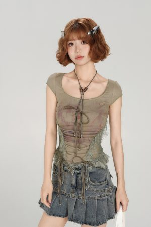 American Style Spicy Girl Heavy Lace Splicing Short Sleeve T-Shirt for Women - Summer Slim Fit Top in Trendy Y2K Fashion