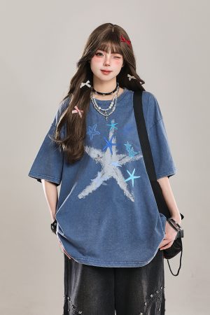 American Style Star Short-Sleeve T-Shirt for Girls - Unique Summer Casual Loose Fit Half-Sleeve Top
