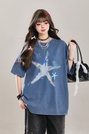 American Style Star Short-Sleeve T-Shirt for Girls - Unique Summer Casual Loose Fit Half-Sleeve Top
